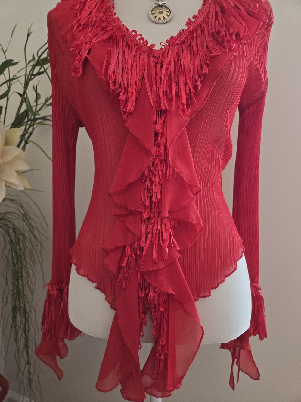 Red Ruffle-Trim V-Neck Blouse - Picture 7 of 11
